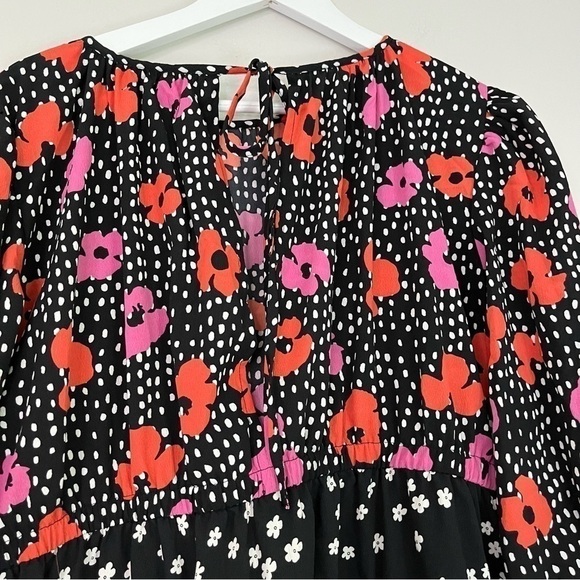 NEW ASOS Floral Polka Dot Tiered Smock Mini Dress Black Orange Pink Size 4‎ - Picture 13 of 15